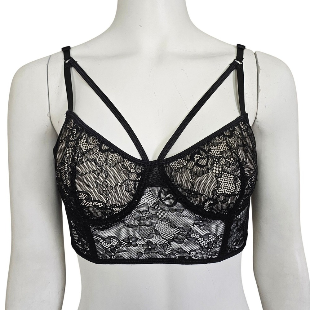 French Affair Black Lace Longline Bralette Strappy Underwire Bustier M